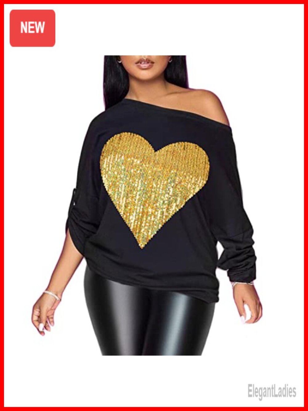 Off Shoulder Metallic Shiny Letter Print Long Sleeve Top
